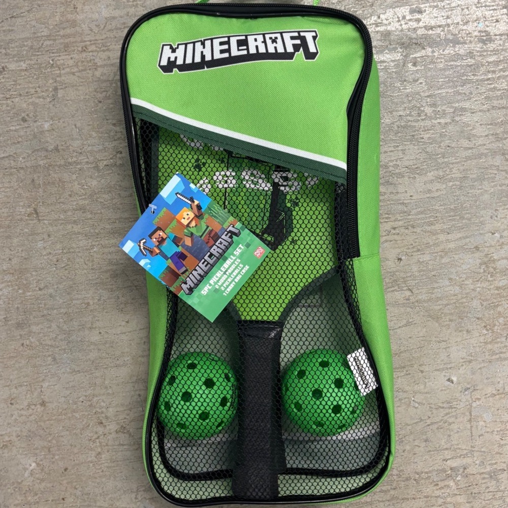 Minecraft 5pc Pickleball Set 2 Wood Paddles 2 Balls Carry Bag Green Creeper NWT